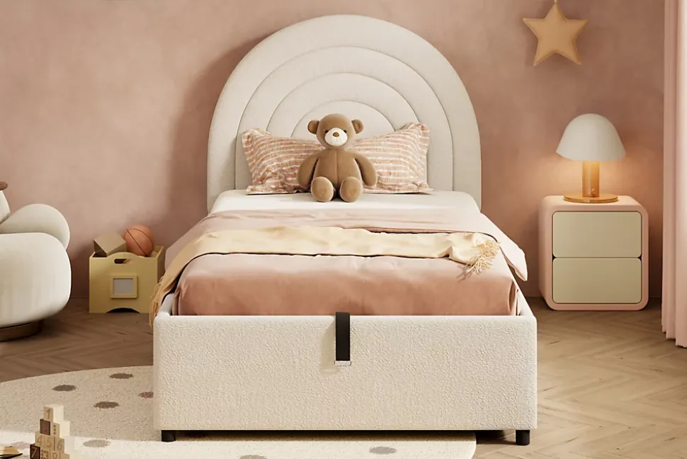 Lit rembourré 90x200 cm avec sommier tissu bouclette beige lattes en bois montage facile pour jeunes et adultes