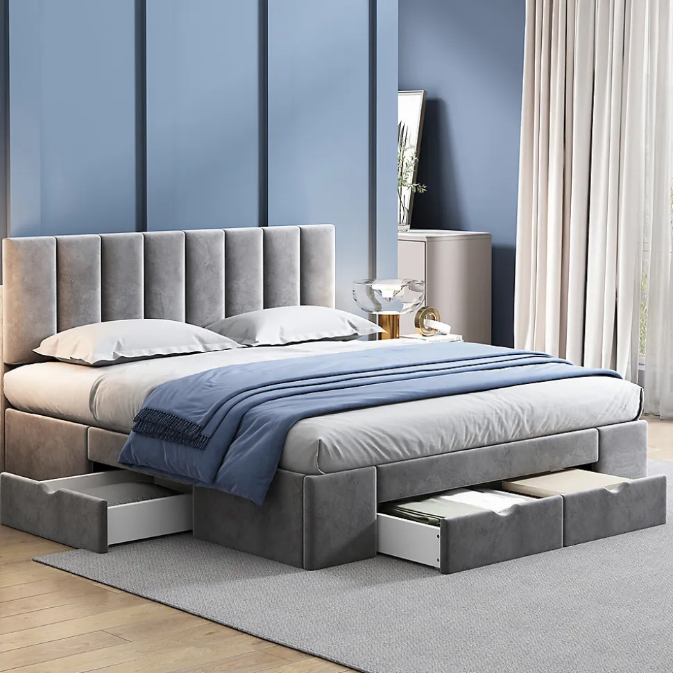 Lit rembourré 160x200 cm, avec sommier à lattes,dossier et 4 tiroirs, velours, gris