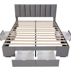 Lit rembourré 160x200 cm, avec sommier à lattes,dossier et 4 tiroirs, velours, gris