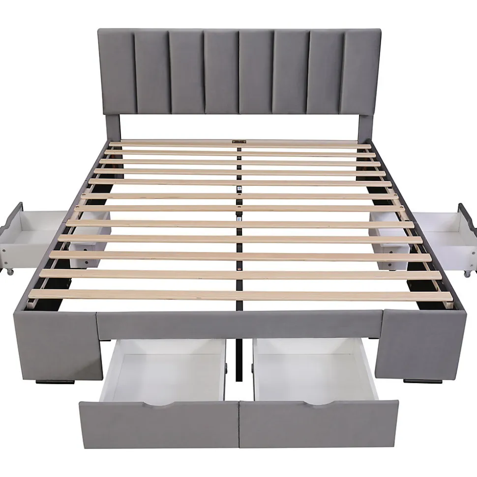 Lit rembourré 160x200 cm, avec sommier à lattes,dossier et 4 tiroirs, velours, gris