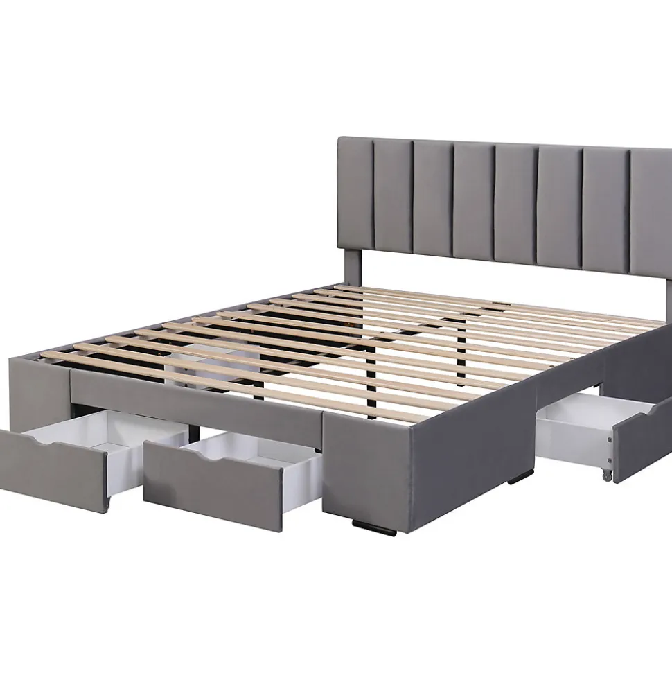 Lit rembourré 160x200 cm, avec sommier à lattes,dossier et 4 tiroirs, velours, gris