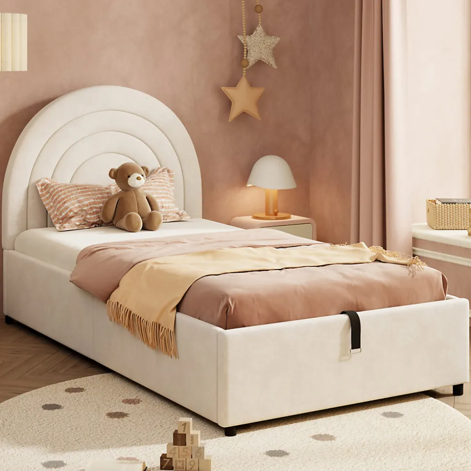 Lit rembourré 90x200 cm avec sommier et tête de lit en velours beige lattes en bois montage facile pour jeunes et adultes