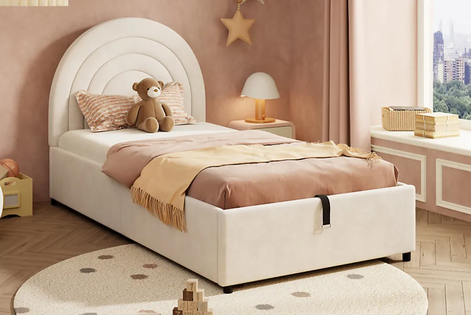 Lit rembourré 90x200 cm avec sommier et tête de lit en velours beige lattes en bois montage facile pour jeunes et adultes