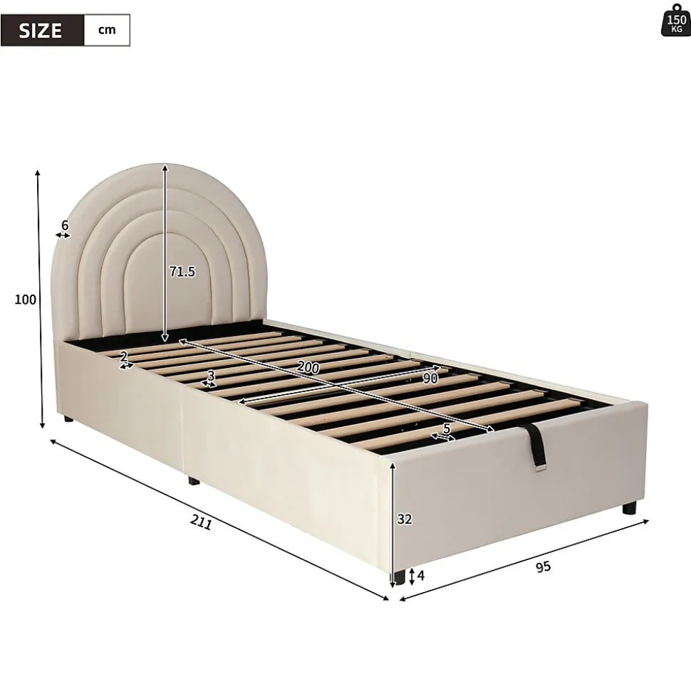 Lit rembourré 90x200 cm avec sommier et tête de lit en velours beige lattes en bois montage facile pour jeunes et adultes