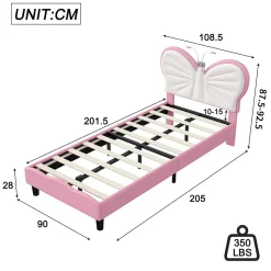 Lit Rembourré 90x200 cm, Cadre de lit Simple avec sommier à Lattes, Cadre de lit pour Enfants, Adolescents, Adultes, Velours, Pink