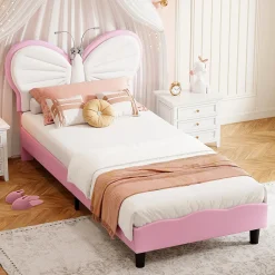 Lit Rembourré 90x200 cm, Cadre de lit Simple avec sommier à Lattes, Cadre de lit pour Enfants, Adolescents, Adultes, Velours, Pink