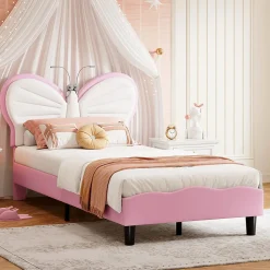 Lit Rembourré 90x200 cm, Cadre de lit Simple avec sommier à Lattes, Cadre de lit pour Enfants, Adolescents, Adultes, Velours, Pink