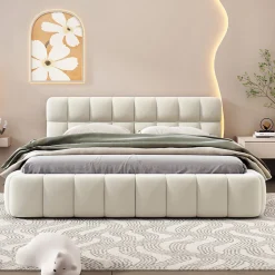 Lit rembourré 140x190 cm en lin, dossier moelleux, cadre rembourré, sommier à lattes inclus, lit jeune/double, Beige