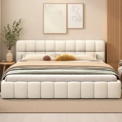 Lit rembourré 140x190 cm en lin, dossier moelleux, cadre rembourré, sommier à lattes inclus, lit jeune/double, Beige