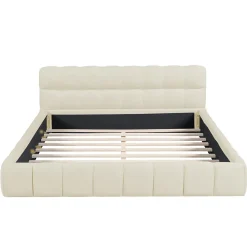 Lit rembourré 140x190 cm en lin, dossier moelleux, cadre rembourré, sommier à lattes inclus, lit jeune/double, Beige