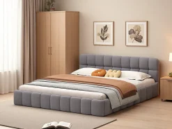 Lit rembourré 160x200 cm en lin, dossier moelleux, cadre rembourré, sommier à lattes inclus, lit double/jeune, Gris