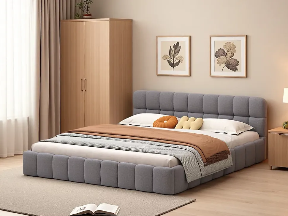 Lit rembourré 160x200 cm en lin, dossier moelleux, cadre rembourré, sommier à lattes inclus, lit double/jeune, Gris