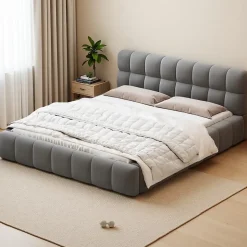 Lit rembourré 160x200 cm en lin, dossier moelleux, cadre rembourré, sommier à lattes inclus, lit double/jeune, Gris