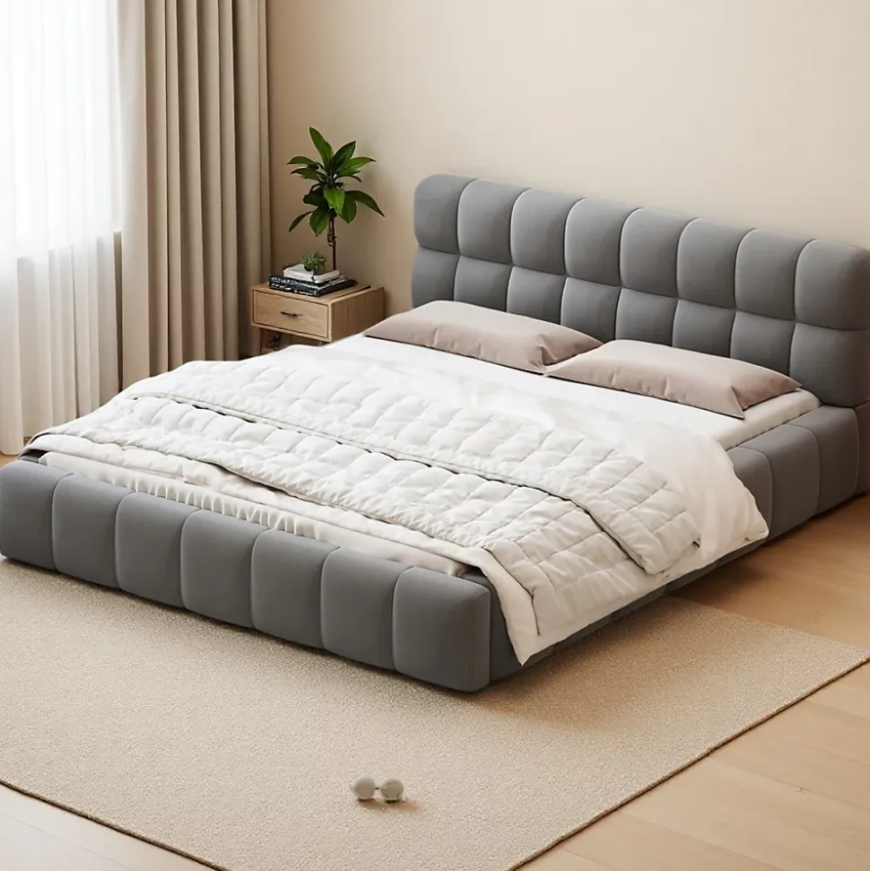 Lit rembourré 160x200 cm en lin, dossier moelleux, cadre rembourré, sommier à lattes inclus, lit double/jeune, Gris