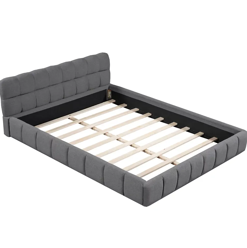 Lit rembourré 160x200 cm en lin, dossier moelleux, cadre rembourré, sommier à lattes inclus, lit double/jeune, Gris