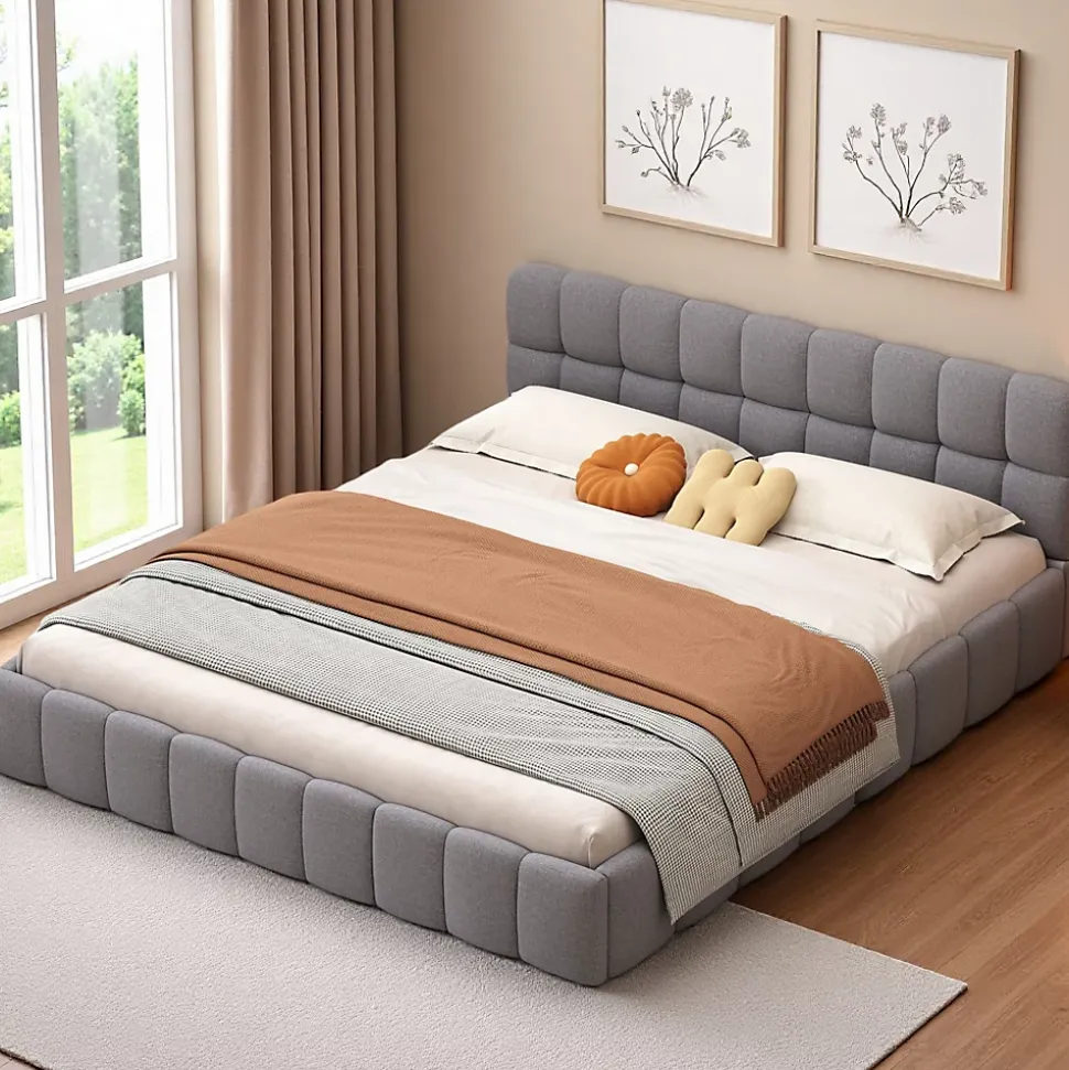 Lit rembourré 160x200 cm en lin, dossier moelleux, cadre rembourré, sommier à lattes inclus, lit double/jeune, Gris