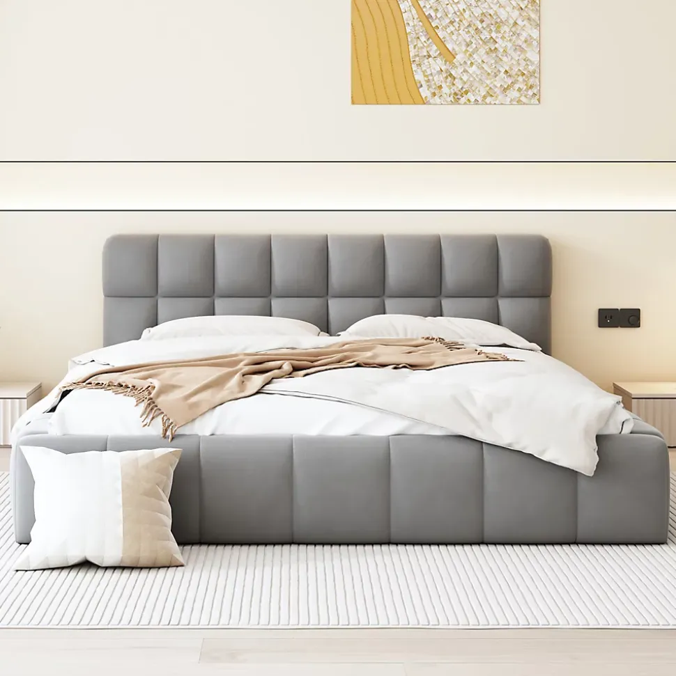 Lit rembourré 160x200 cm en lin, dossier moelleux, cadre rembourré, sommier à lattes inclus, lit double/jeune, Gris