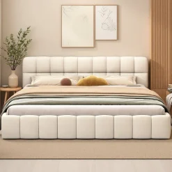 Lit rembourré 140x200 cm en lin avec dossier moelleux, bordure rembourrée et sommier à lattes, Lit double, Beige