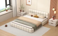 Lit rembourré 140x200 cm en lin avec dossier moelleux, bordure rembourrée et sommier à lattes, Lit double, Beige