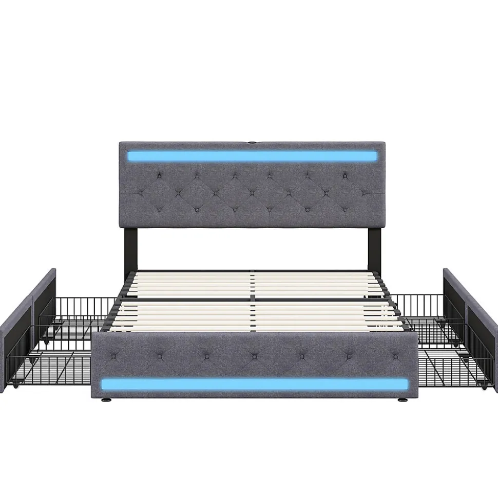 Lit rembourré 140x190 cm, LED, 4 tiroirs, USB, coffre en lin, sommier bois -Gris