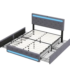 Lit rembourré 140x190 cm, LED, 4 tiroirs, USB, coffre en lin, sommier bois -Gris