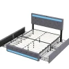 Lit rembourré 180x200 cm, LED, 4 tiroirs, USB, coffre en lin, sommier bois -Gris