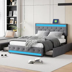 Lit rembourré 180x200 cm, LED, 4 tiroirs, USB, coffre en lin, sommier bois -Gris
