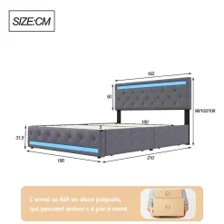 Lit rembourré 180x200 cm, LED, 4 tiroirs, USB, coffre en lin, sommier bois -Gris