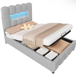 Lit rembourré 90x200 cm, LED, hydraulique, tête réglable, velours - gris