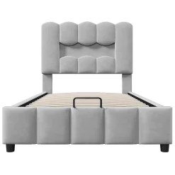 Lit rembourré 90x200 cm, LED, hydraulique, tête réglable, velours - gris