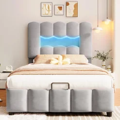 Lit rembourré 90x200 cm, LED, hydraulique, tête réglable, velours - gris