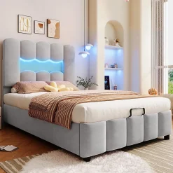 Lit rembourré 90x200 cm, LED, hydraulique, tête réglable, velours - gris