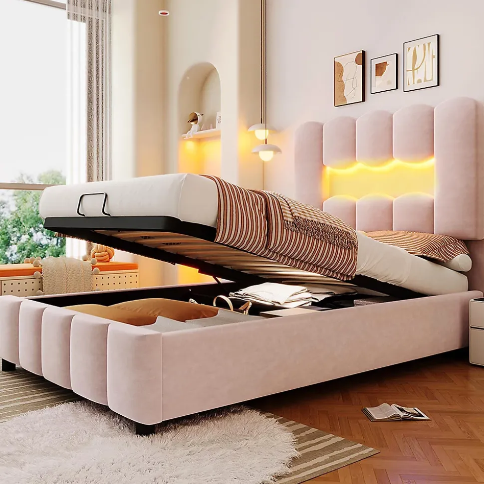 Lit rembourré 90x200 cm, LED, hydraulique, tête réglable, velours - rose