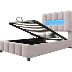 Lit rembourré 90x200 cm, LED, hydraulique, tête réglable, velours - rose