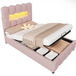 Lit rembourré 90x200 cm, LED, hydraulique, tête réglable, velours - rose