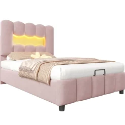 Lit rembourré 90x200 cm, LED, hydraulique, tête réglable, velours - rose