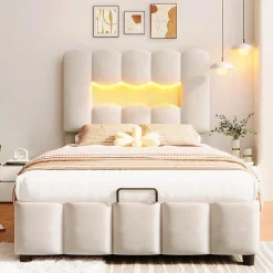 Lit rembourré 90x200 cm, LED, hydraulique, tête réglable, velours - beige