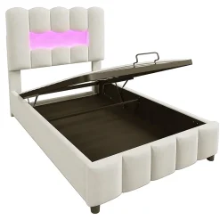 Lit rembourré 90x200 cm, LED, hydraulique, tête réglable, velours - beige