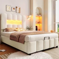 Lit rembourré 90x200 cm, LED, hydraulique, tête réglable, velours - beige