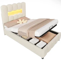 Lit rembourré 90x200 cm, LED, hydraulique, tête réglable, velours - beige
