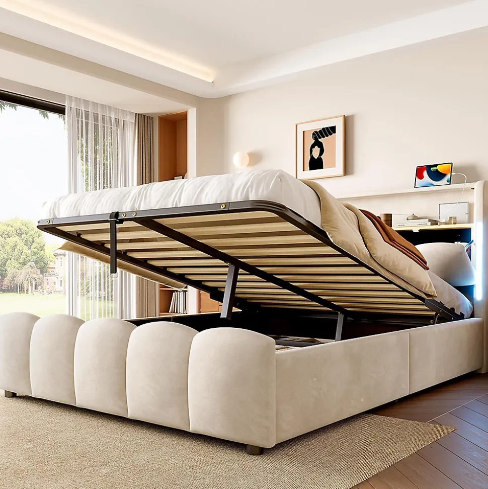 Lit rembourré 140x200 cm, LED, rangement hydraulique, USB/Type-C, velours - beige
