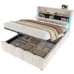 Lit rembourré 140x200 cm, LED, rangement hydraulique, USB/Type-C, velours - beige