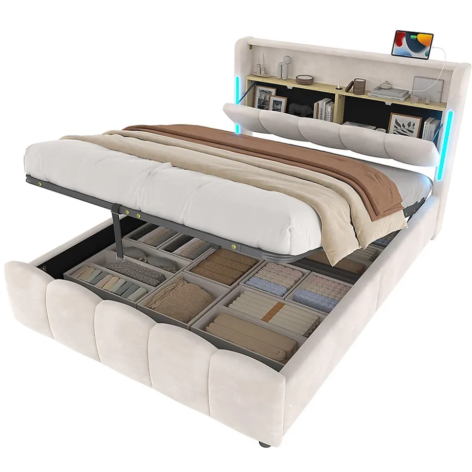 Lit rembourré 140x200 cm, LED, rangement hydraulique, USB/Type-C, velours - beige