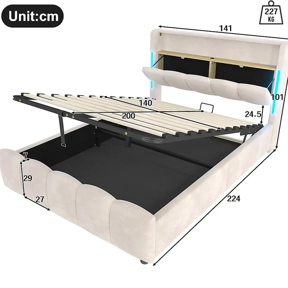 Lit rembourré 140x200 cm, LED, rangement hydraulique, USB/Type-C, velours - beige