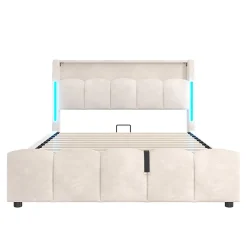Lit rembourré 140x200 cm, LED, rangement hydraulique, USB/Type-C, velours - beige