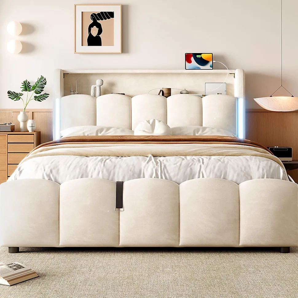 Lit rembourré 140x200 cm, LED, rangement hydraulique, USB/Type-C, velours - beige