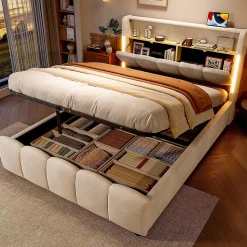 Lit rembourré 140x200 cm, LED, rangement hydraulique, USB/Type-C, velours - beige