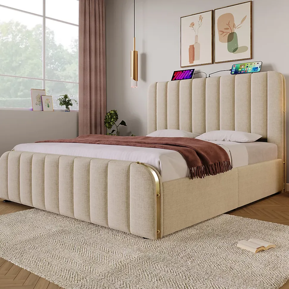 lit rembourré 140x200 cm lit 4 tiroirs lit fonction de charge usb type-c lit bandes décoratives dorées lit double lin beige