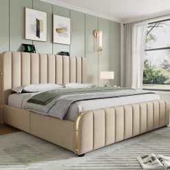 lit rembourré 140x200 cm lit 4 tiroirs lit fonction de charge usb type-c lit bandes décoratives dorées lit double lin beige