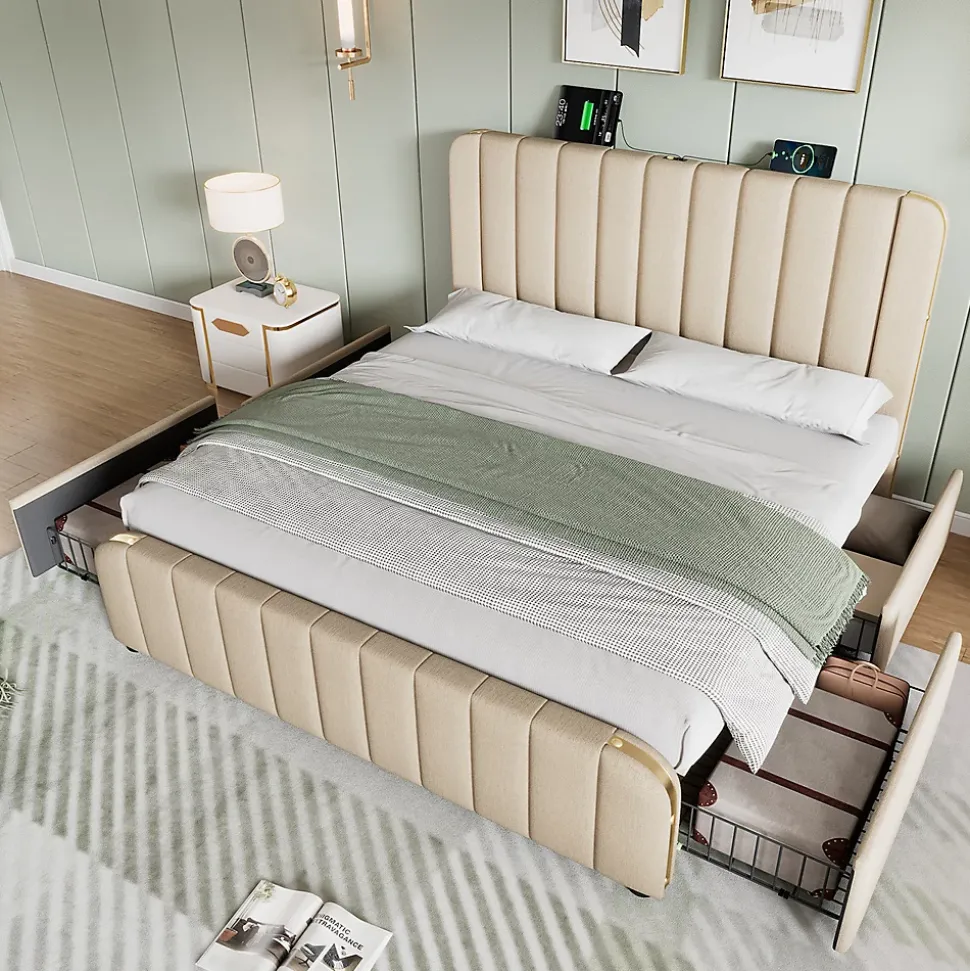 lit rembourré 140x200 cm lit 4 tiroirs lit fonction de charge usb type-c lit bandes décoratives dorées lit double lin beige